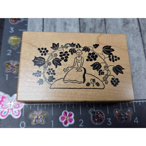 PSX Designs Woman Sitting Under Leaves Berries 1988 Rubber‎ Stamp Wood #N53
